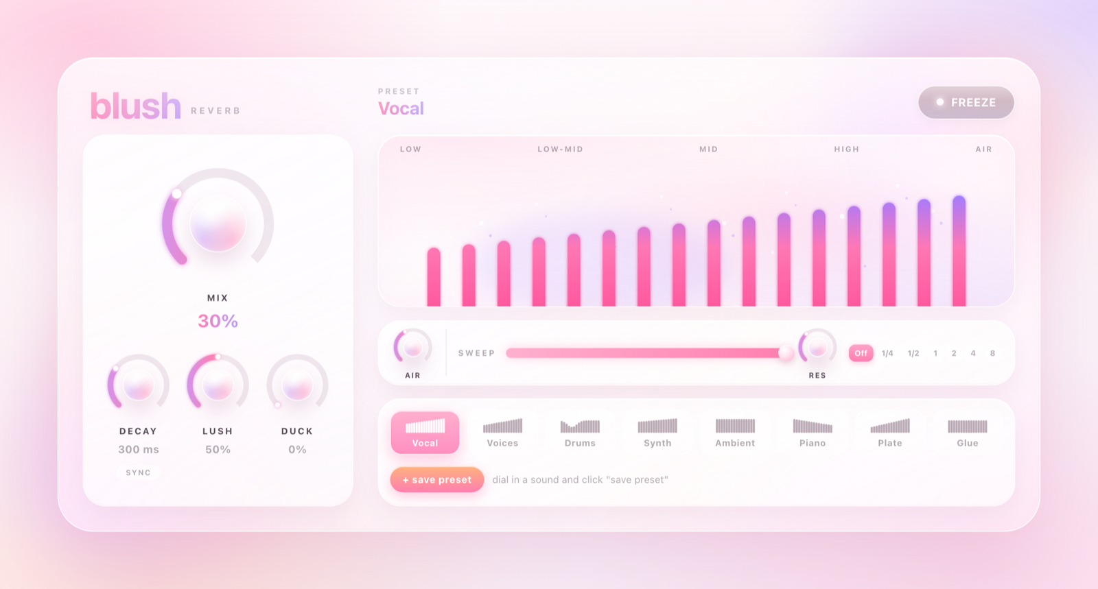 The blush plugin interface — soft glass knobs and a paintable BLOOM frequency graph.