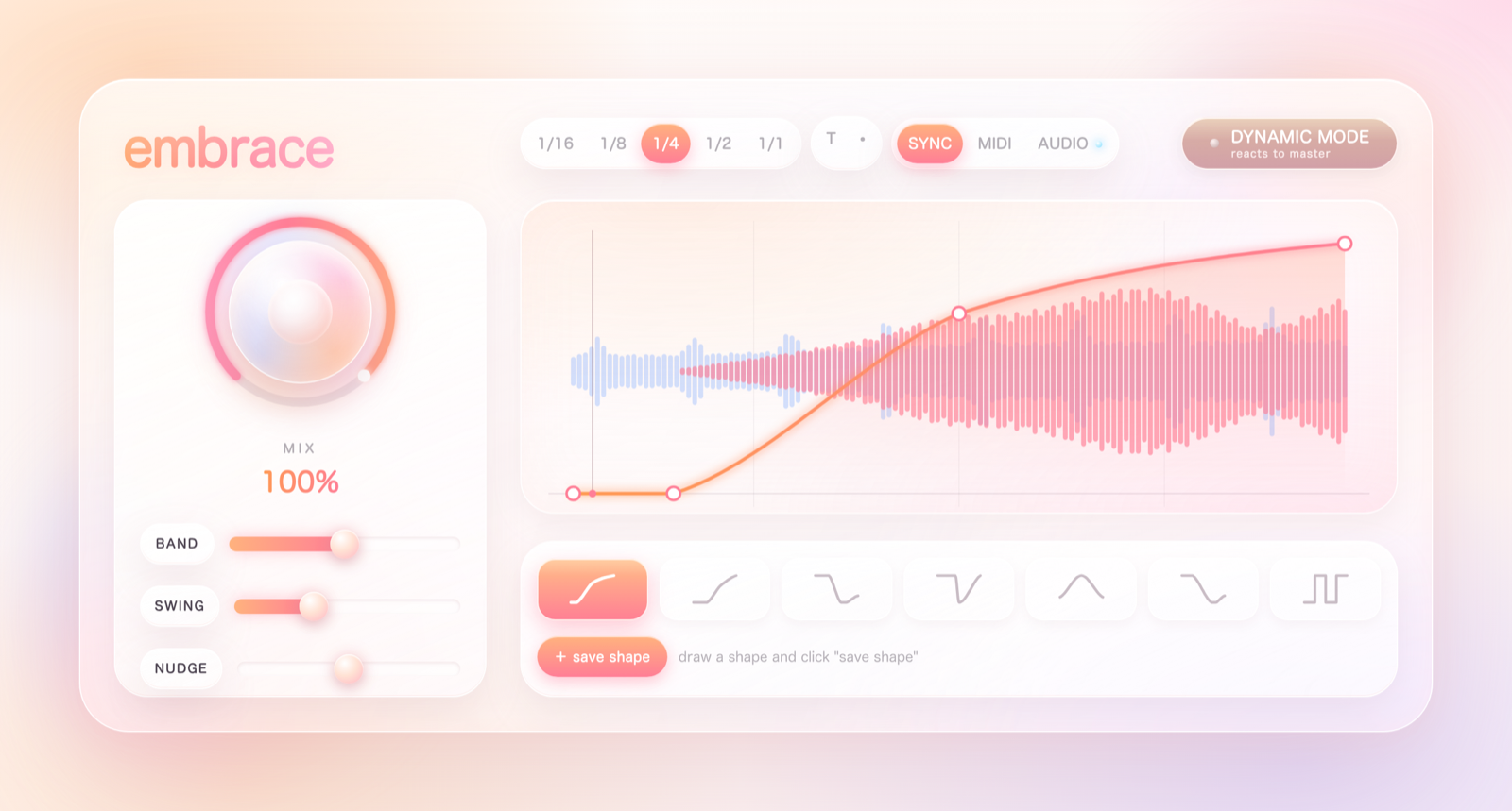 The embrace plugin interface — a big glass knob and a drawable pump curve over a waveform.